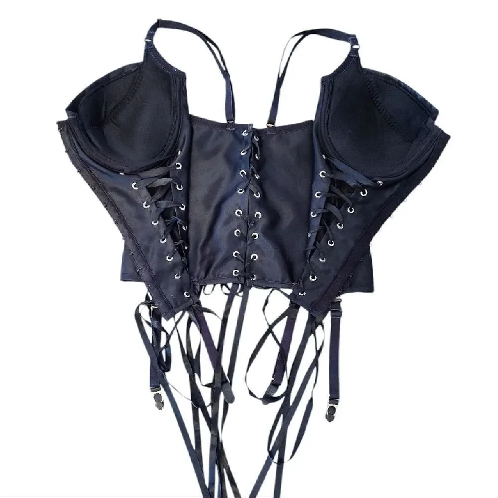 VTG Black Satin Shirley‎ Of Hollywood Lace Up Corset with Garters 38B-D